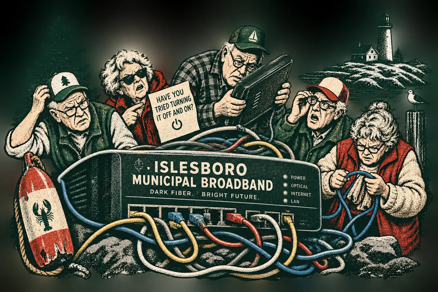 Satirical illustration of a group of older people struggling with a large municipal broadband router and tangled cables